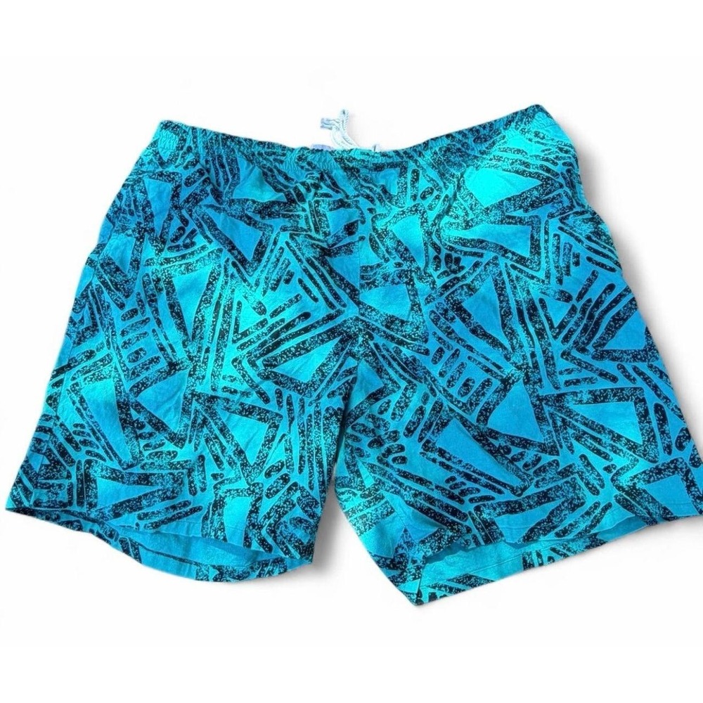 Vintage‎ Hampton Bay Geometric Swim Trunks Shorts Teal Black XL Lined 90s